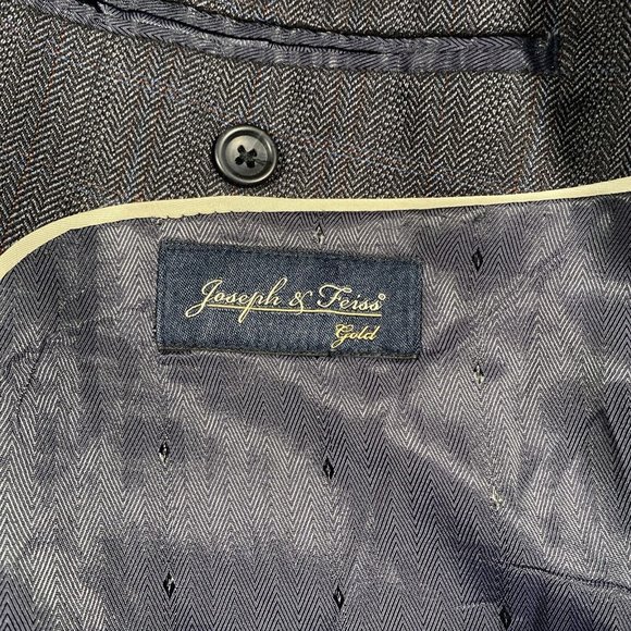 Joseph & Feiss‎ Gold Mens 44L Grey Herringbone Plaid Windowpane Blazer Wool EUC - Picture 9 of 11